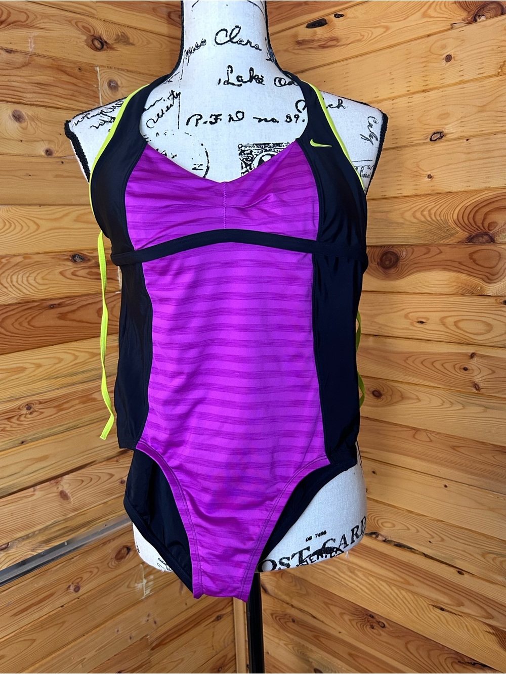 Nike Purple and Black One-Piece Swim Suit with Neon Yellow Accents